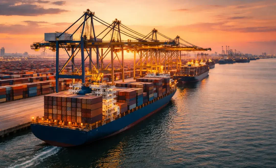 Barcos cargados de contenedores esperando para descargar mercancía