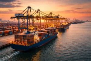 Barcos cargados de contenedores esperando para descargar mercancía