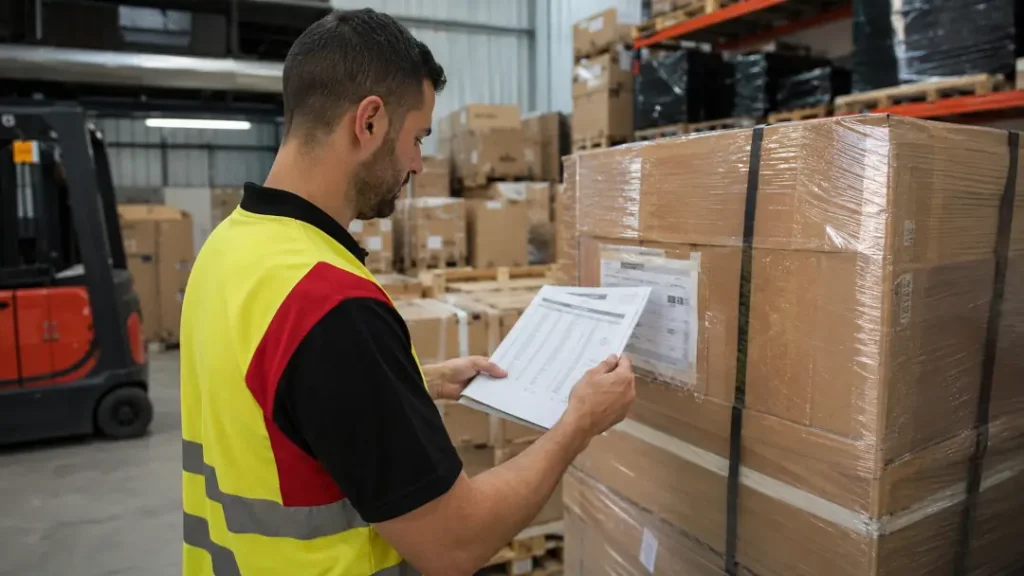 persona revisando el packing list en almacén